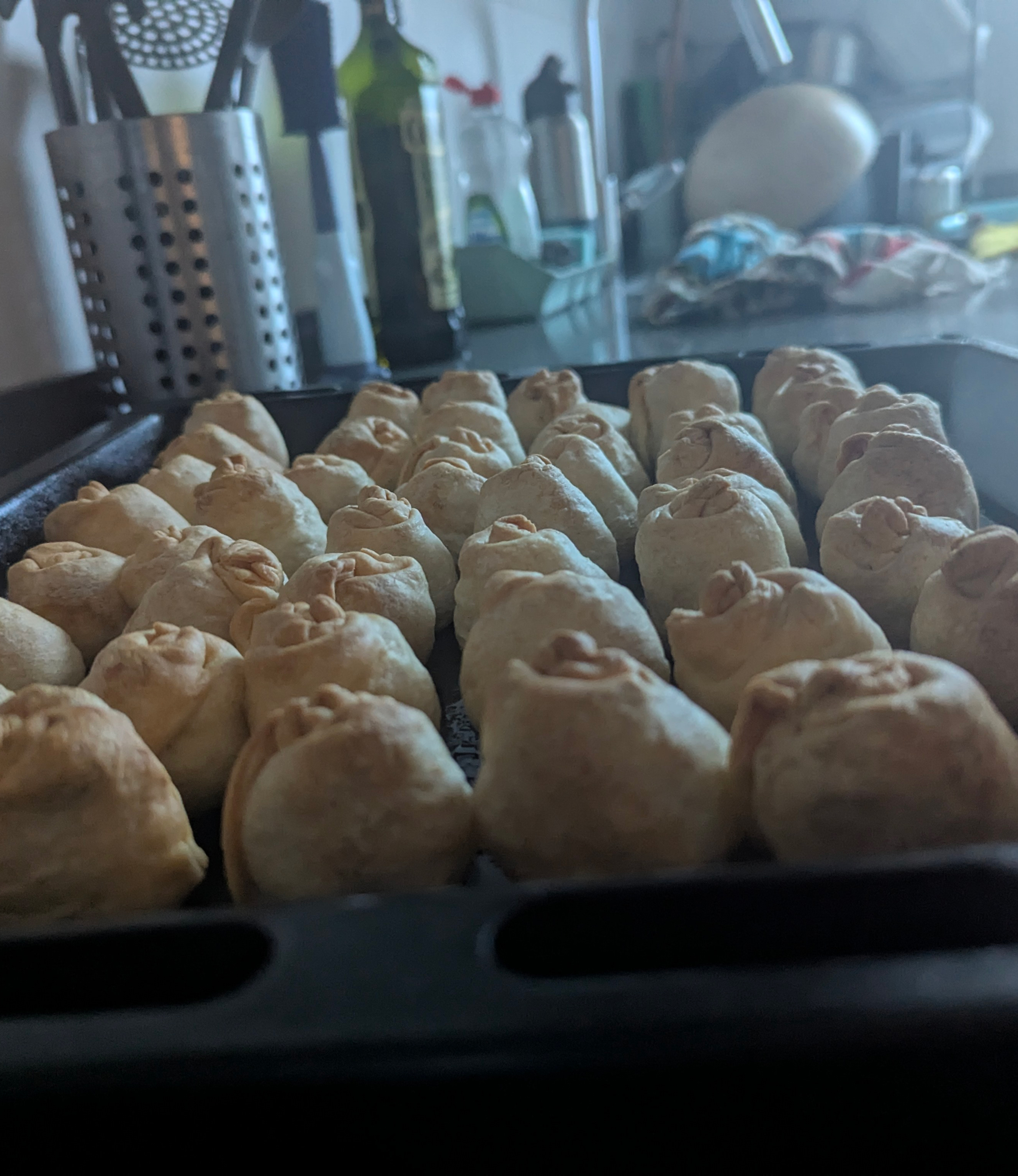 An oven dish full of knishes, a Jewish family recipe