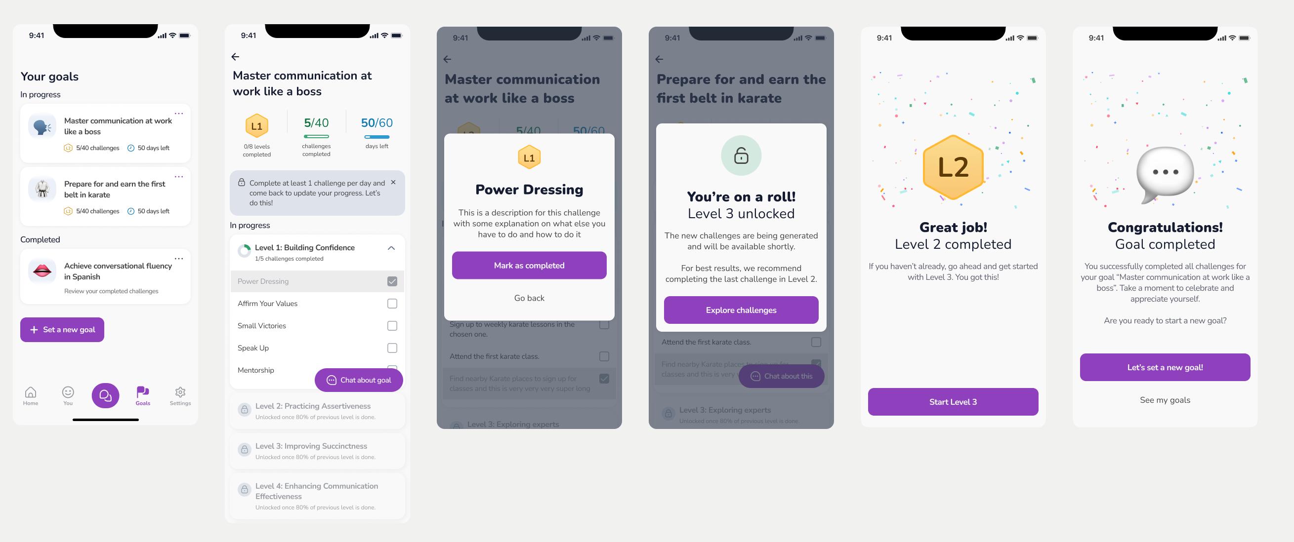 Screens showing goal tracking and gamified task completion flow