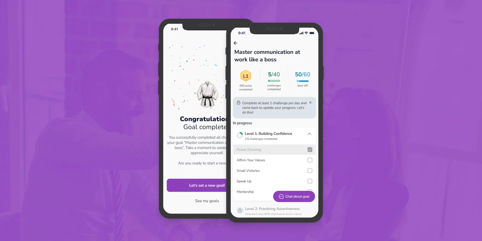 Nuur app interface showing AI-powered soft-skills coaching and goal tracking for employees