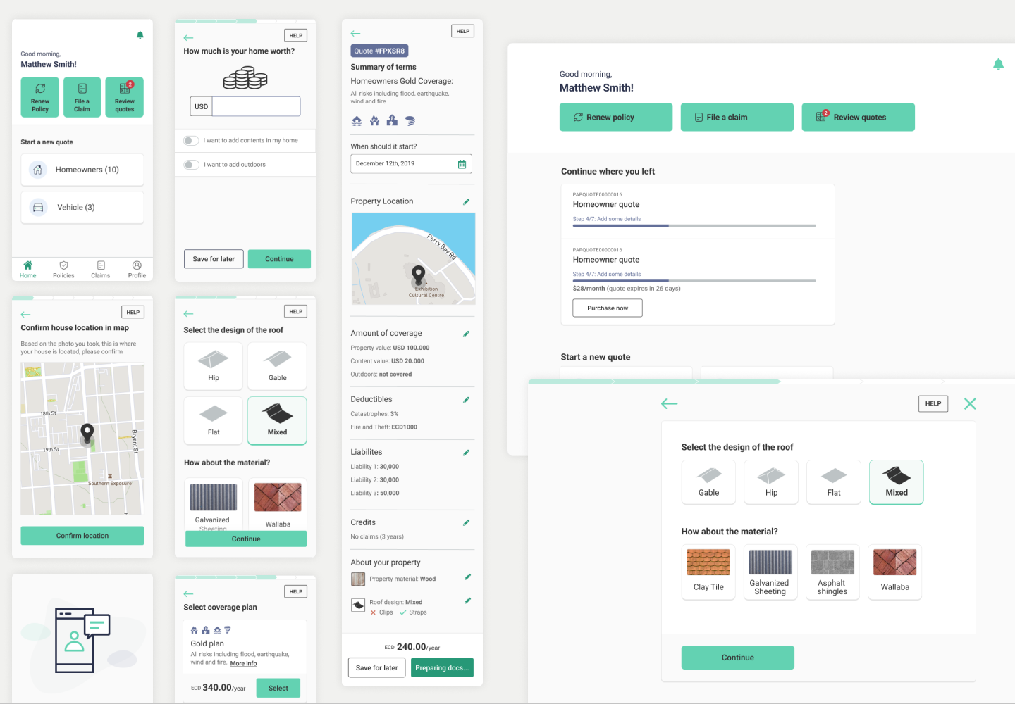 High fidelity visual design screens for the Paper Insurance client app