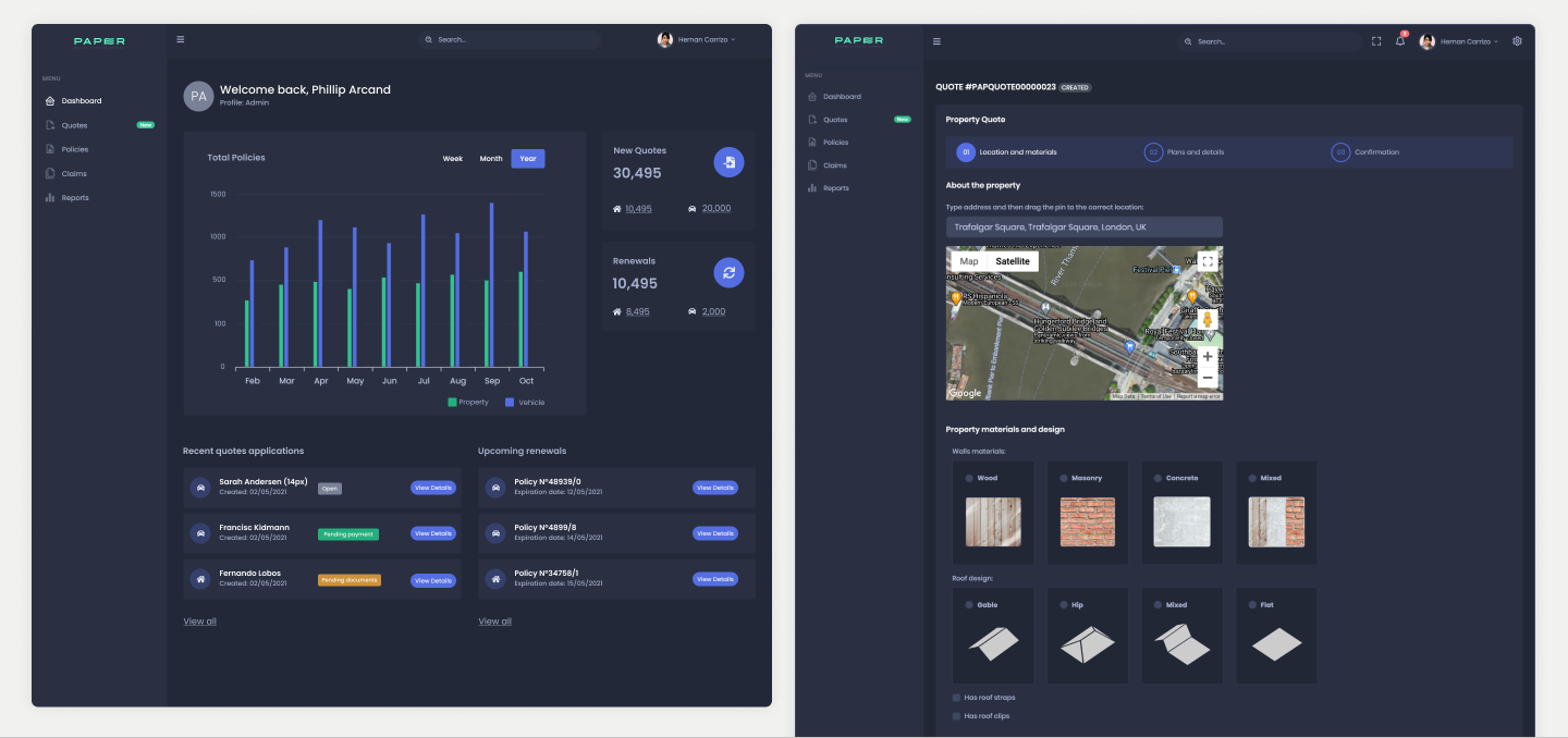 High fidelity visual design screens for the Paper Insurance agency platform