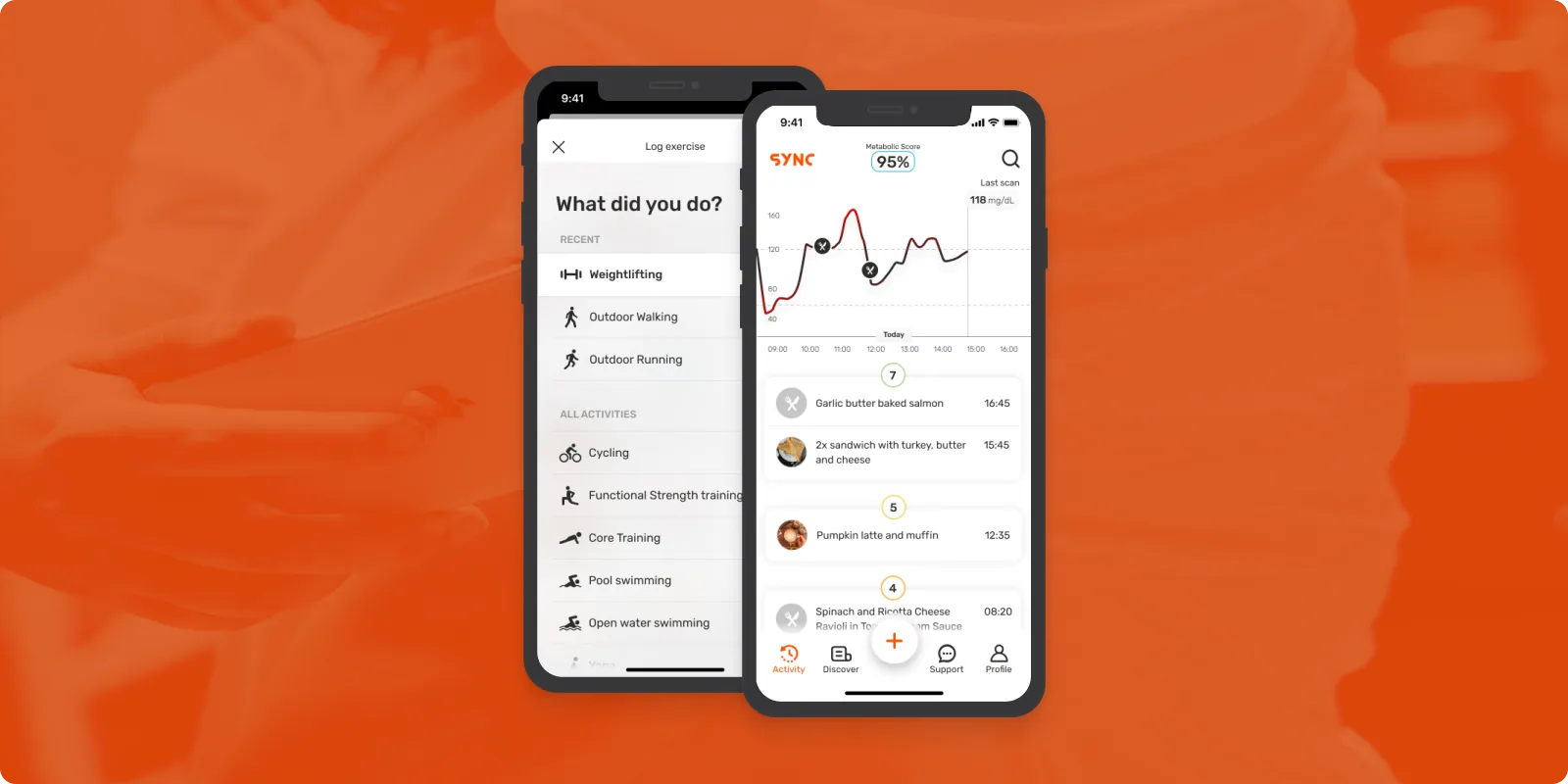 Sync Biometrics iOS app showing glucose monitoring dashboard and activity tracking for athletes