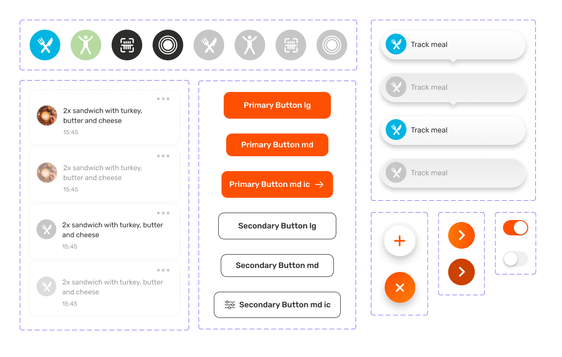 UI kit showing component variables, color tokens, and typography for the Sync app