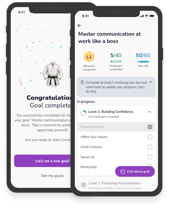 Nuur app screens showing AI soft-skills coaching interface for employees