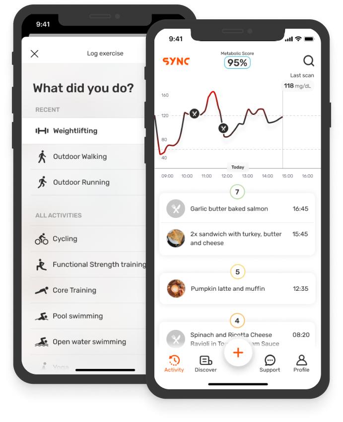 Sync Biometrics app showing glucose monitoring data for athletes
