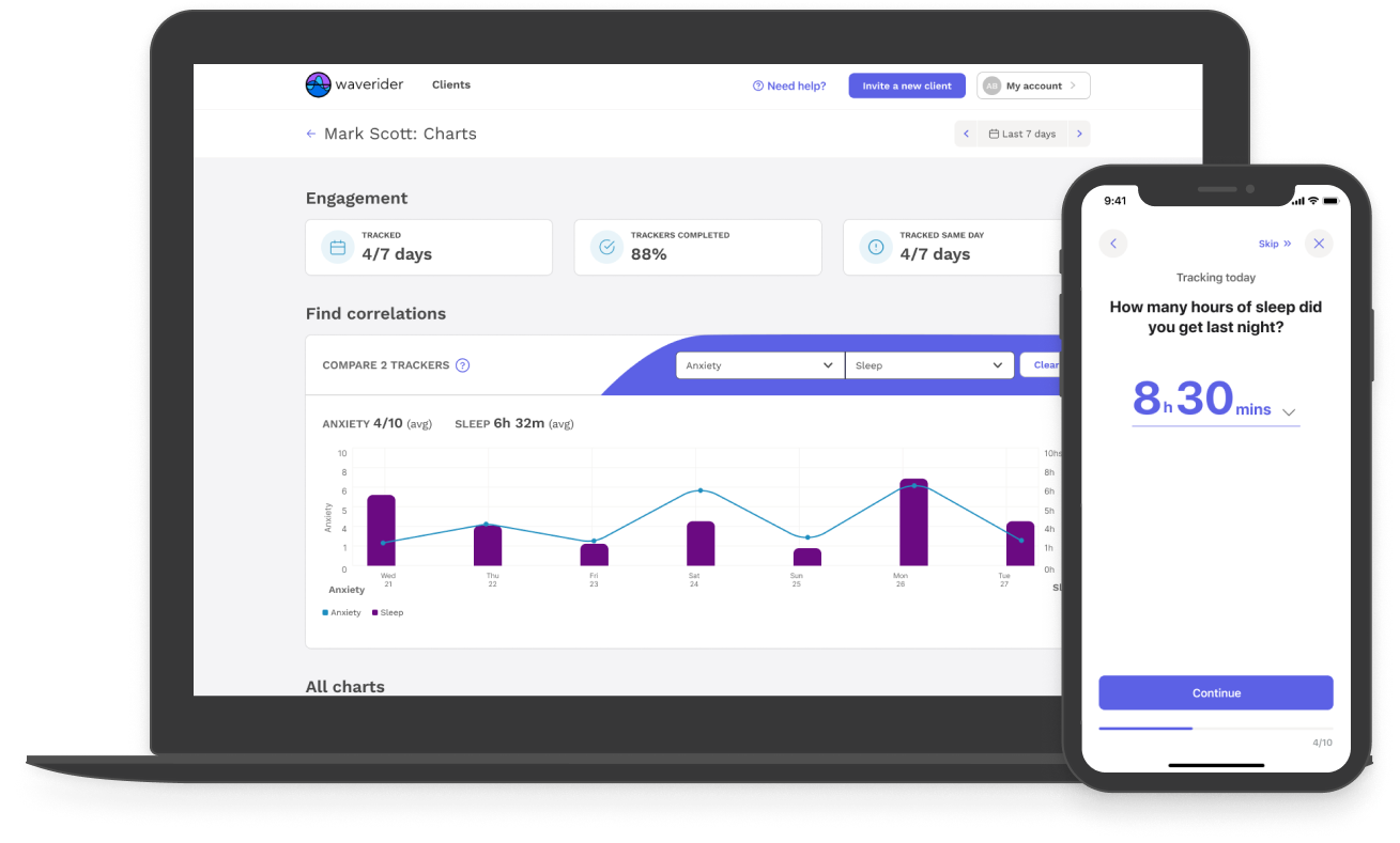 Waverider platform showing DBT-based mental health tracking tools for providers and clients