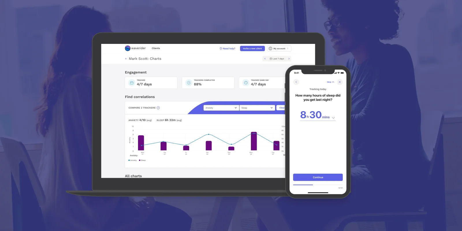 Waverider platform and iOS app showing DBT diary card tracking tools for mental health providers and clients